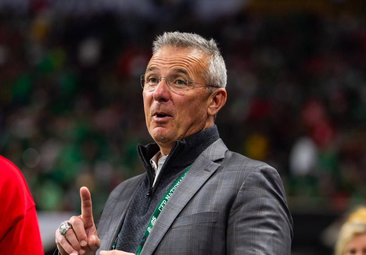  Jan 20, 2025; Atlanta, GA, USA; Ohio State Buckeyes former head coach Urban Meyer in attendance against the Notre Dame Fighting Irish during the CFP National Championship college football game at Mercedes-Benz Stadium. Mandatory Credit: Mark J. Rebilas-Imagn Images 