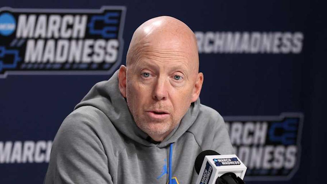  Mar 19, 2026; Philadelphia, PA, USA; UCLA Bruins head coach Mick Cronin speaks with the media before a practice session ahead of the first round of the men's 2026 NCAA Tournament at Xfinity Mobile Arena. Mandatory Credit: Bill Streicher-Imagn Images | Bill Streicher-Imagn Images 