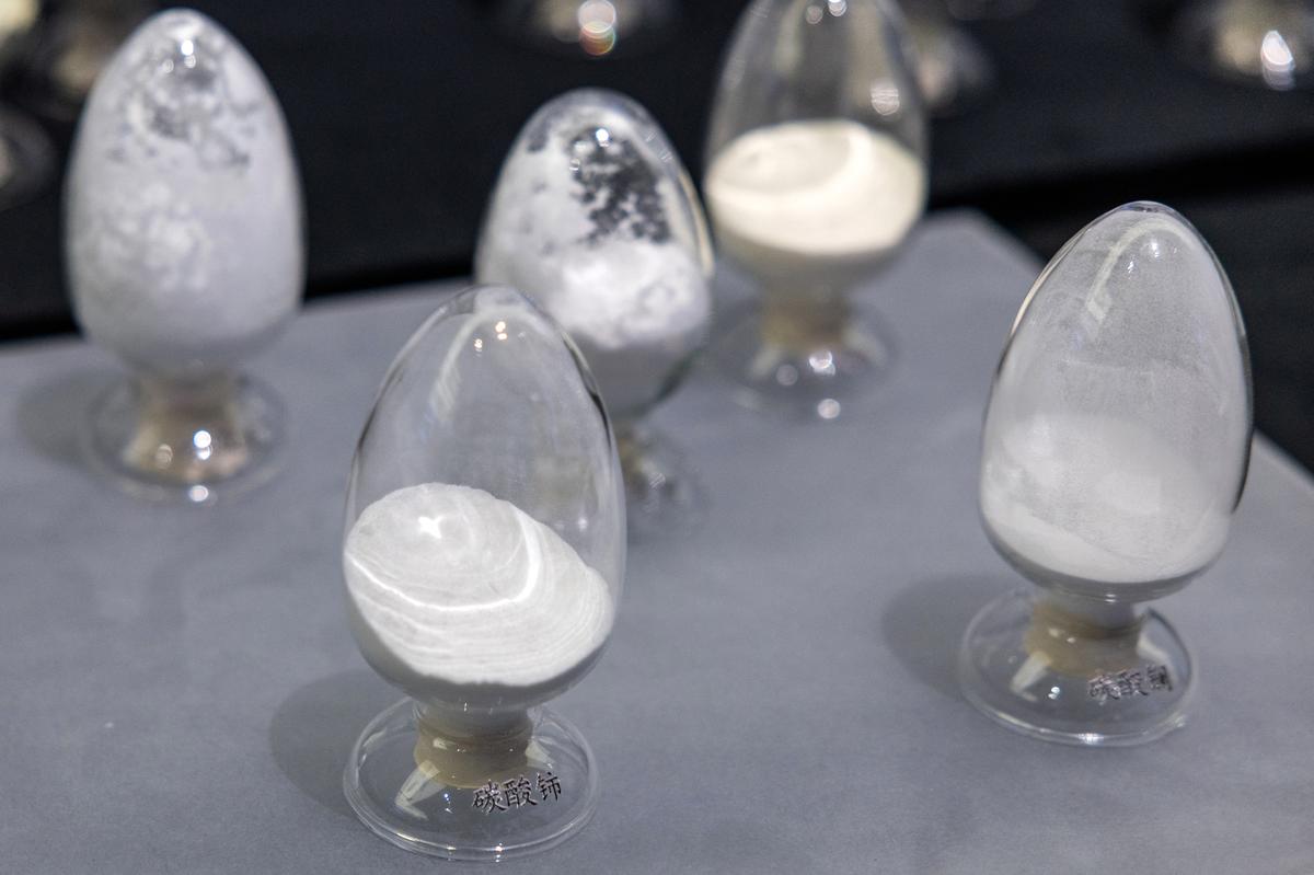 A sample of cerium carbonate and other materials sits on display in a section devoted to rare earth elements production at the exhibition on China’s manufacturing achievements, at the National Museum in Beijing, China, March 24, 2026. REUTERS/Maxim Shemetov