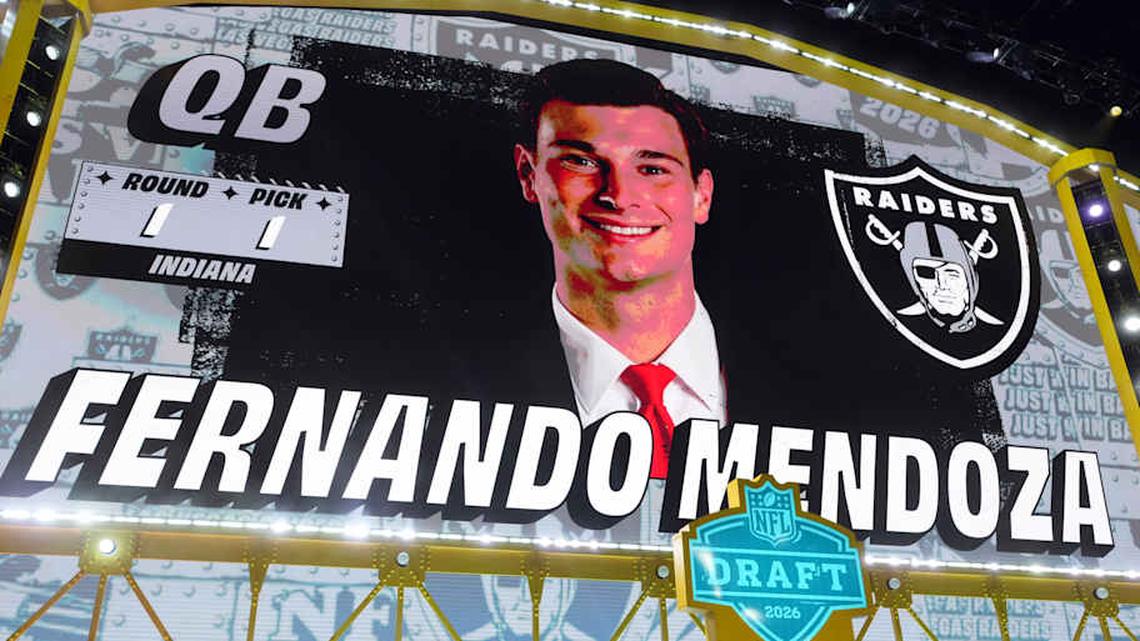  Apr 23, 2026; Pittsburgh, PA, USA; Indiana Hoosiers quarterback Fernando Mendoza is selected by the Las Vegas Raiders as the number one pick during the 2026 NFL Draft at Acrisure Stadium. Mandatory Credit: Kirby Lee-Imagn Images | Kirby Lee-Imagn Images 