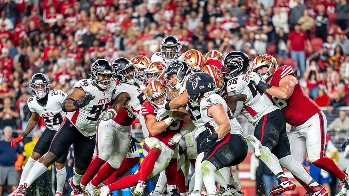  October 19, 2025; Santa Clara, California, USA; San Francisco 49ers running back Christian McCaffrey (23) scores a touchdown during the fourth quarter against the Atlanta Falcons at Levi's Stadium. Mandatory Credit: Kyle Terada-Imagn Images | Kyle Terada-Imagn Images 