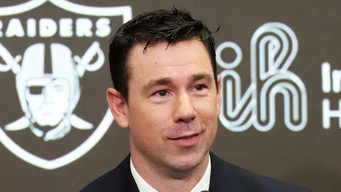  Feb 10, 2026; Henderson, NV, USA; Las Vegas Raiders coach Klint Kubiak speaks at introductory press conference at Intermountain Health Performance Center. Mandatory Credit: Kirby Lee-Imagn Images | Kirby Lee-Imagn Images 