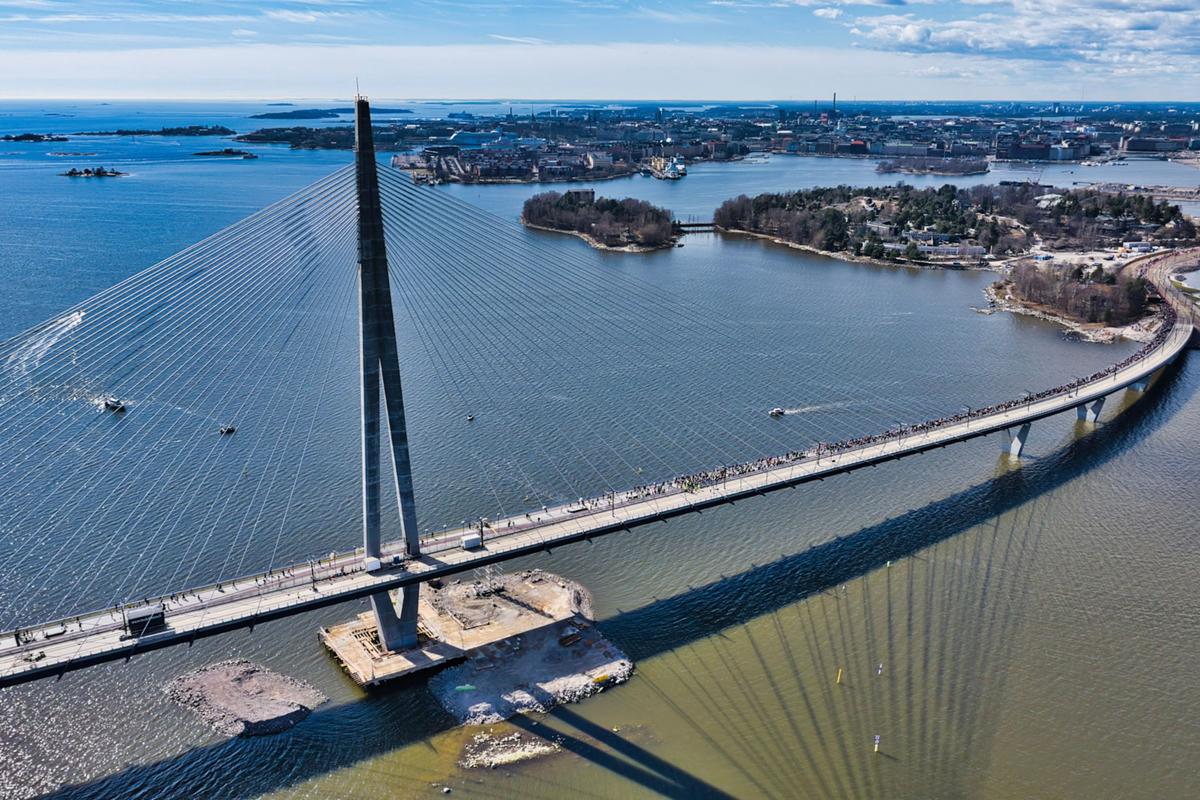  An aerial view of the Kruunuvuori Bridge in Helsinki, Finland. 