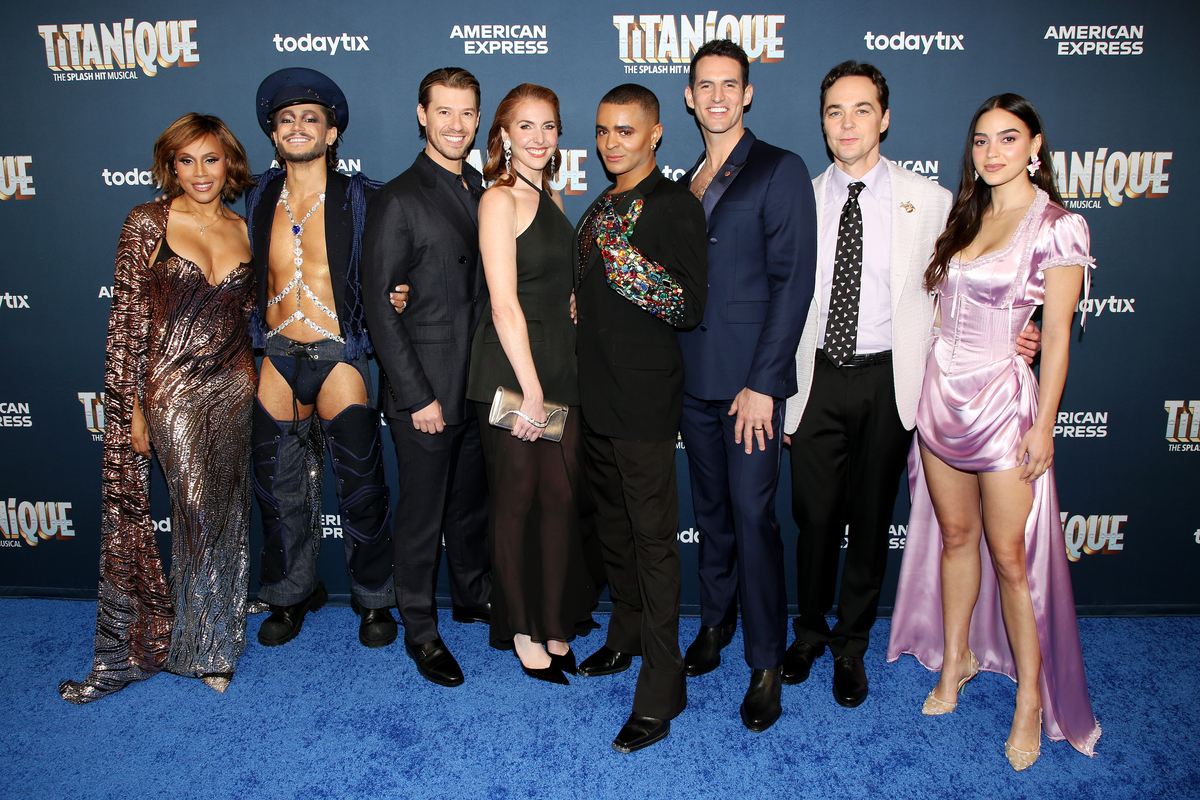 Deborah Cox, Frankie Grande, Constantine Rousouli, Marla Mindelle, Layton Williams, John Riddle, Jim Parsons and Melissa Barrera pose at the opening night of the new musical ‘Titanique’ on Broadway at The St James Theater on April 12, 2026 in New York CityBruce Glikas/FilmMagic/Getty