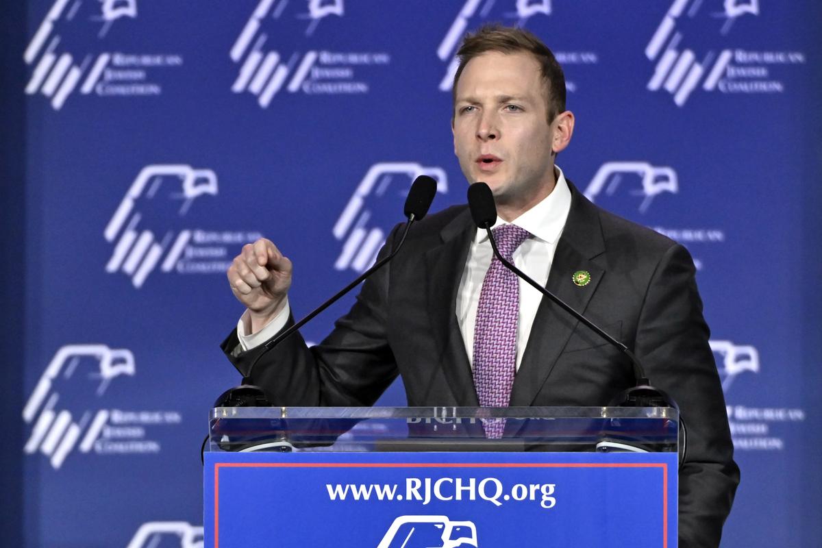  Representative Max Miller speaks at an annual leadership meeting of the Republican Jewish Coalition on October 28, 2023, in Las Vegas. 
