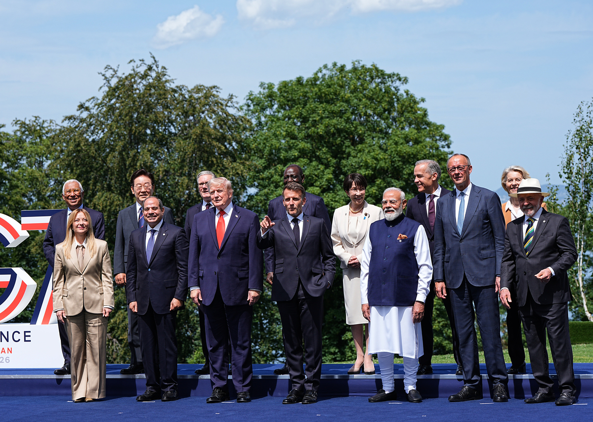 President Donald Trump, third from left, and other world leaders gather for an official photo at the G7 Summit in Evian-les-Bains, France, June 16, 2026. (Haiyun Jiang/The New York Times)