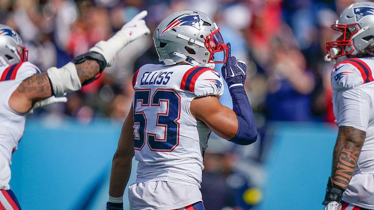  New England Patriots linebacker Christian Elliss (53) hushes the crowd after their touchdown on a fumble recovery in the end zone during the third quarter against the Tennessee Titans at Nissan Stadium in Nashville, Tenn., Sunday, Oct. 19, 2025. | Denny Simmons / The Tennessean / USA TODAY NETWORK via Imagn Images 