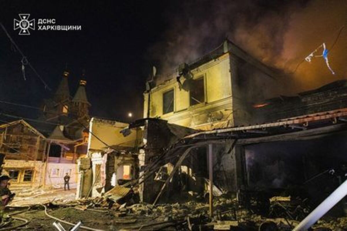 Smoke rises over a building damaged during overnight Russian missile and drone strikes, amid Russia's attack on Ukraine, in Kharkiv region, Ukraine June 9, 2026. Press service of the State Emergency Service of Ukraine in Kharkiv region/Handout via REUTERS