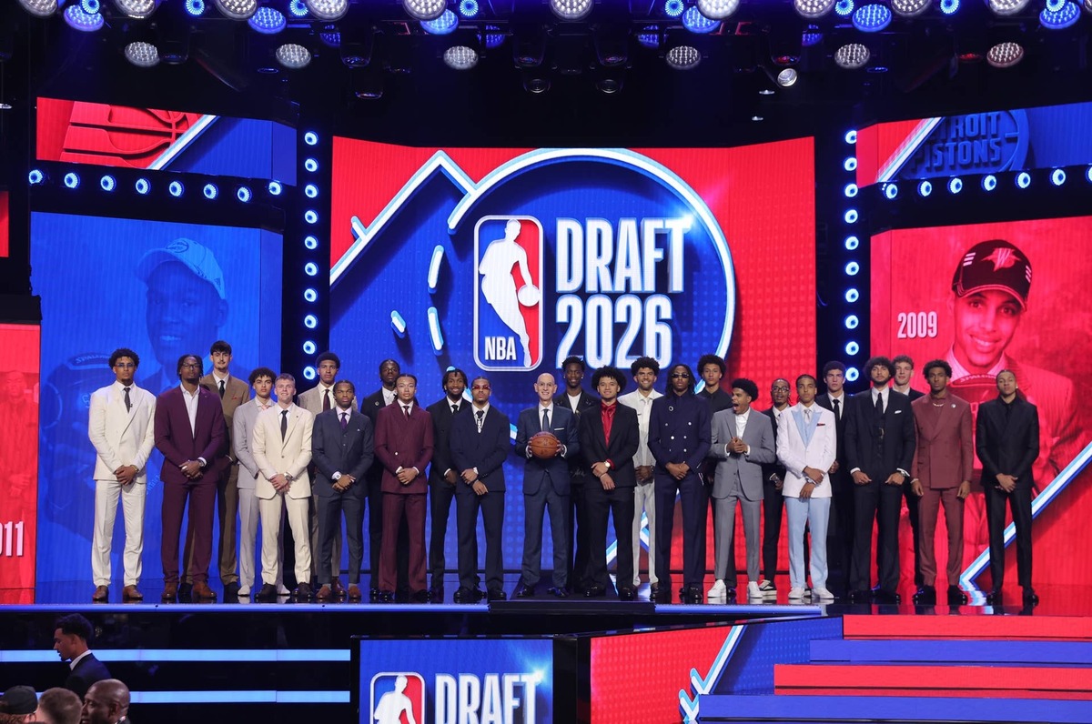  Jun 23, 2026; New York, NY, USA; NBA commissioner Adam Silver poses with 2026 draft prospects before the NBA Draft at Barclays Center. Mandatory Credit: Brad Penner-Imagn Images 