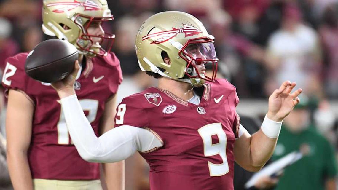  Oct 4, 2025; Tallahassee, Florida, USA; Florida State Seminoles quarterback Kevin Sperry (9) warms up before a game against the Miami Hurricanes at Doak S. Campbell Stadium. Mandatory Credit: Robert Myers-Imagn Images | Robert Myers-Imagn Images 
