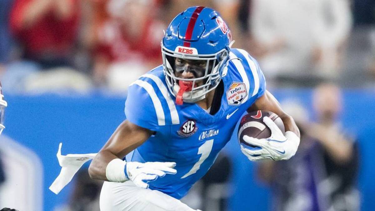  Jan 8, 2026; Glendale, AZ, USA; Mississippi Rebels wide receiver De'Zhaun Stribling (1) against the Miami Hurricanes during the 2026 Fiesta Bowl and semifinal game of the College Football Playoff at State Farm Stadium. Mandatory Credit: Mark J. Rebilas-Imagn Images | Mark J. Rebilas-Imagn Images 