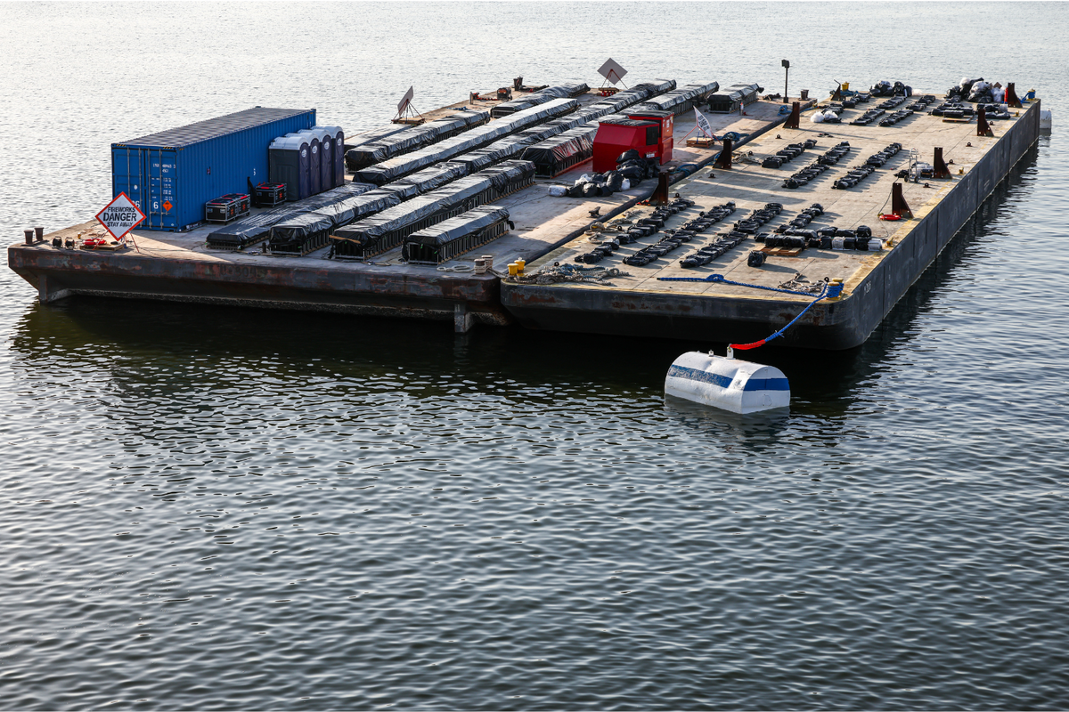  Firework barges sit on the Potomac River before Saturday’s Fourth of July festivities on July 02, 2026 in Washington, DC. 