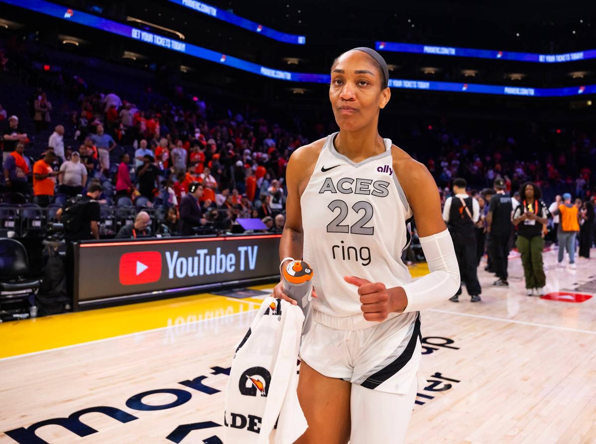  Oct 8, 2025; Phoenix, Arizona, USA; Las Vegas Aces center A'ja Wilson (22) against the Phoenix Mercury during game three of the 2025 WNBA Finals at PHX Arena. Mandatory Credit: Mark J. Rebilas-Imagn Images 