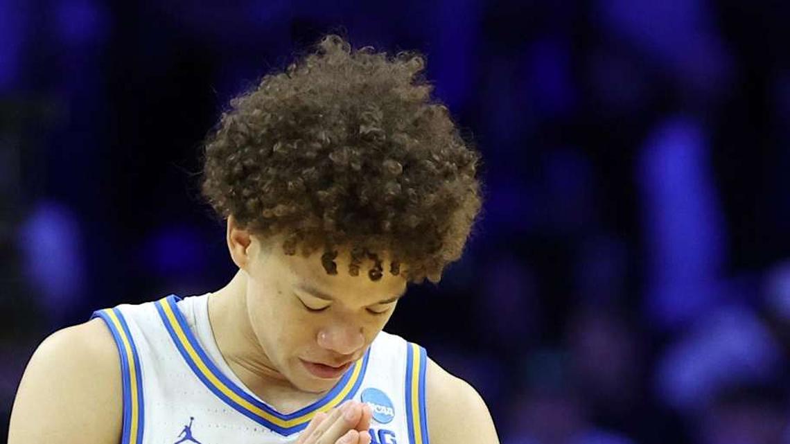  Mar 20, 2026; Philadelphia, PA, USA; UCLA Bruins guard Trent Perry (0) reacts after defeating the UCF Knights during a first round game of the men's 2026 NCAA Tournament at Xfinity Mobile Arena. Mandatory Credit: Bill Streicher-Imagn Images | Bill Streicher-Imagn Images 