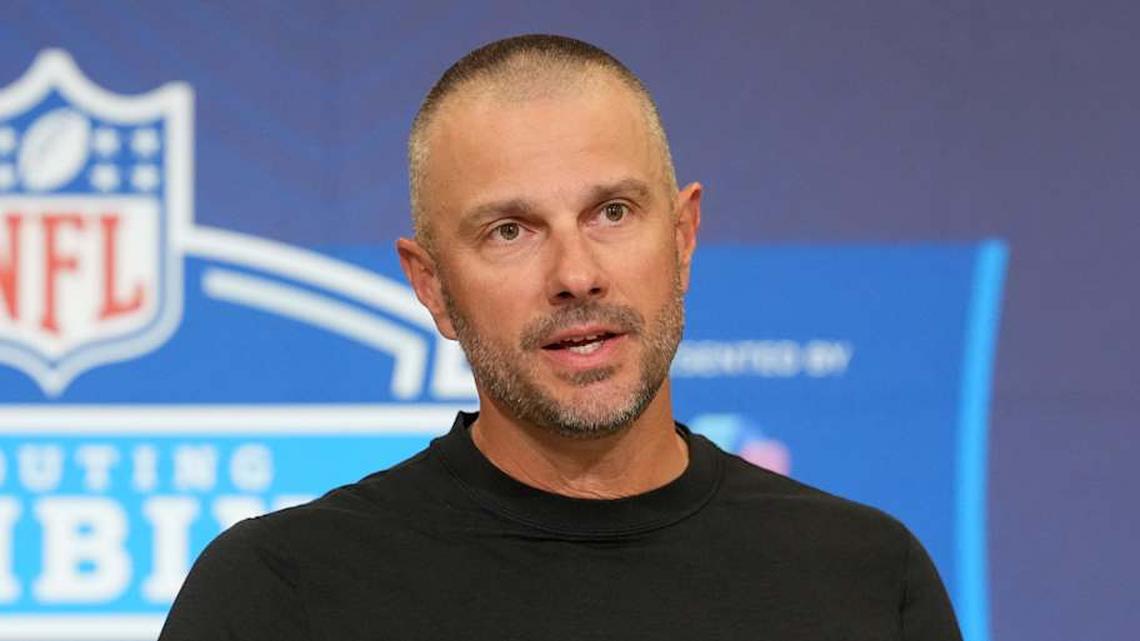  Feb 24, 2026; Indianapolis, IN, USA; Las Vegas Raiders general manager John Spytek speaks at the NFL Scouting Combine at the Indiana Convention Center. Mandatory Credit: Kirby Lee-Imagn Images | Kirby Lee-Imagn Images 