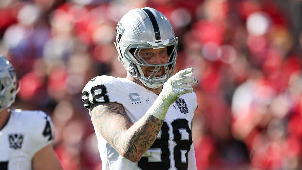  Dec 8, 2024; Tampa, Florida, USA; Las Vegas Raiders defensive end Maxx Crosby (98) celebrates after a sack against the Tampa Bay Buccaneers in the second quarter at Raymond James Stadium. Mandatory Credit: Nathan Ray Seebeck-Imagn Images | Nathan Ray Seebeck-Imagn Images 