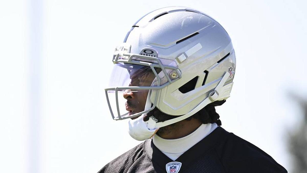  May 20, 2026; Henderson, NV, USA; Las Vegas Raiders wide receiver Tre Tucker (1) practices during organized team activities at Intermountain Health Performance Center. Mandatory Credit: Candice Ward-Imagn Images | Candice Ward-Imagn Images 
