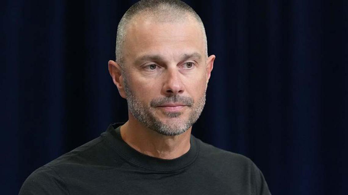  Feb 24, 2026; Indianapolis, IN, USA; Las Vegas Raiders general manager John Spytek speaks at the NFL Scouting Combine at the Indiana Convention Center. Mandatory Credit: Kirby Lee-Imagn Images | Kirby Lee-Imagn Images 