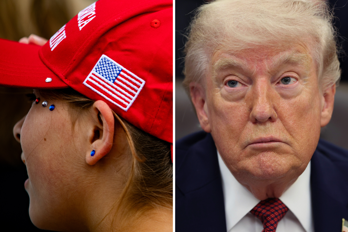  L: A woman wearing a MAGA hat in Warren, Michigan, on September 27, 2024. R: President Donald Trump speaks in the Oval Office on April 18, 2026. 