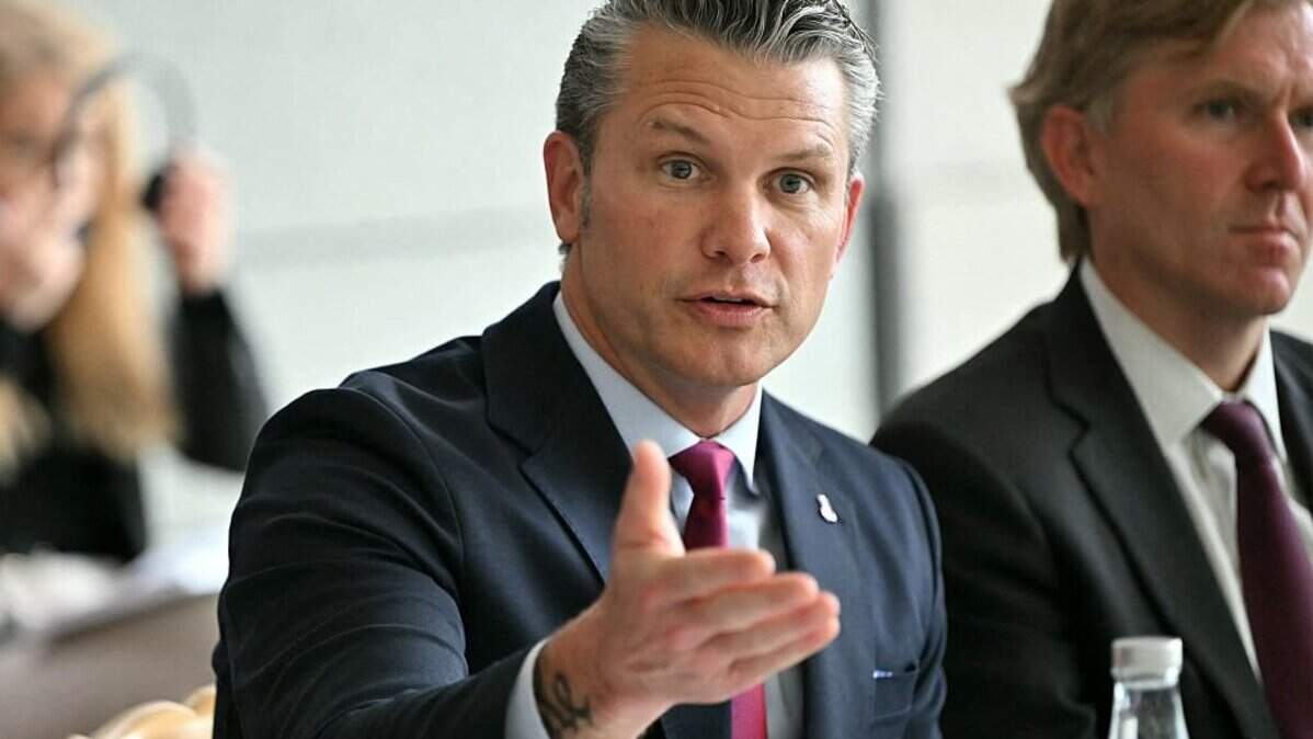 U.S. Secretary of Defense Pete Hegseth speaks ahead of a meeting with his French counterpart on the sidelines of a ceremony marking the 82nd anniversary of the D-Day landings at the Normandy American Cemetery in Colleville-sur-Mer, northwestern France, on June 6, 2026.