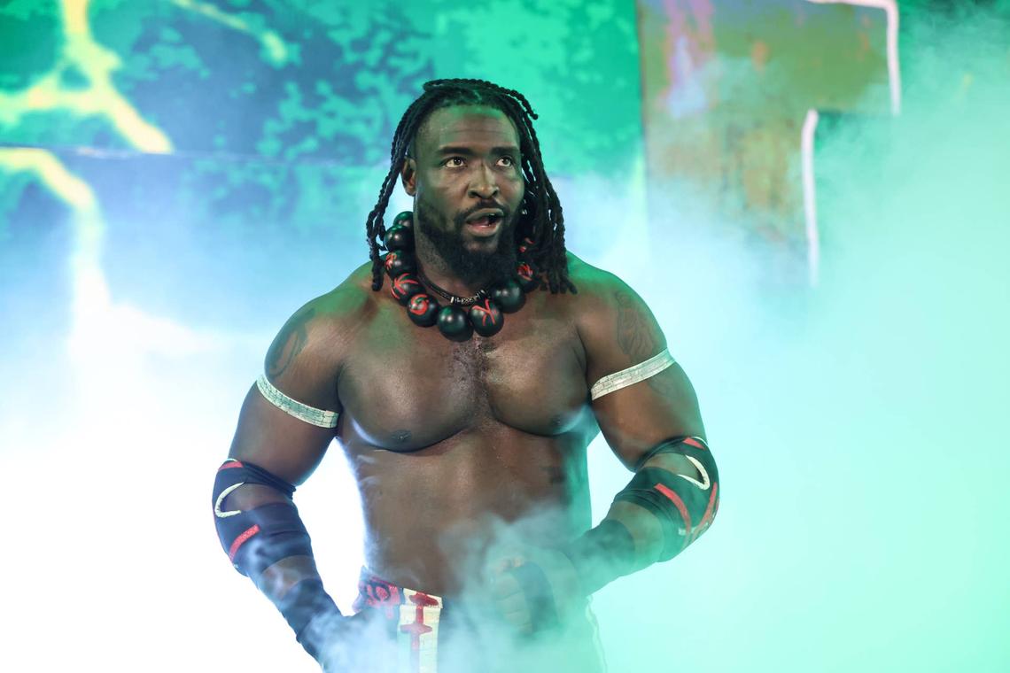 Oba Femi makes his entrance with his popular strut that has captivated WWE fans.Getty Images
