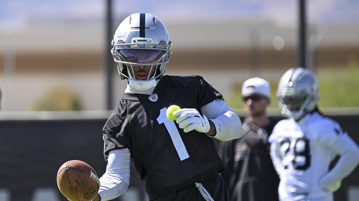  May 20, 2026; Henderson, NV, USA; Las Vegas Raiders wide receiver Tre Tucker (1) practices during organized team activities at Intermountain Health Performance Center. Mandatory Credit: Candice Ward-Imagn Images | Candice Ward-Imagn Images 