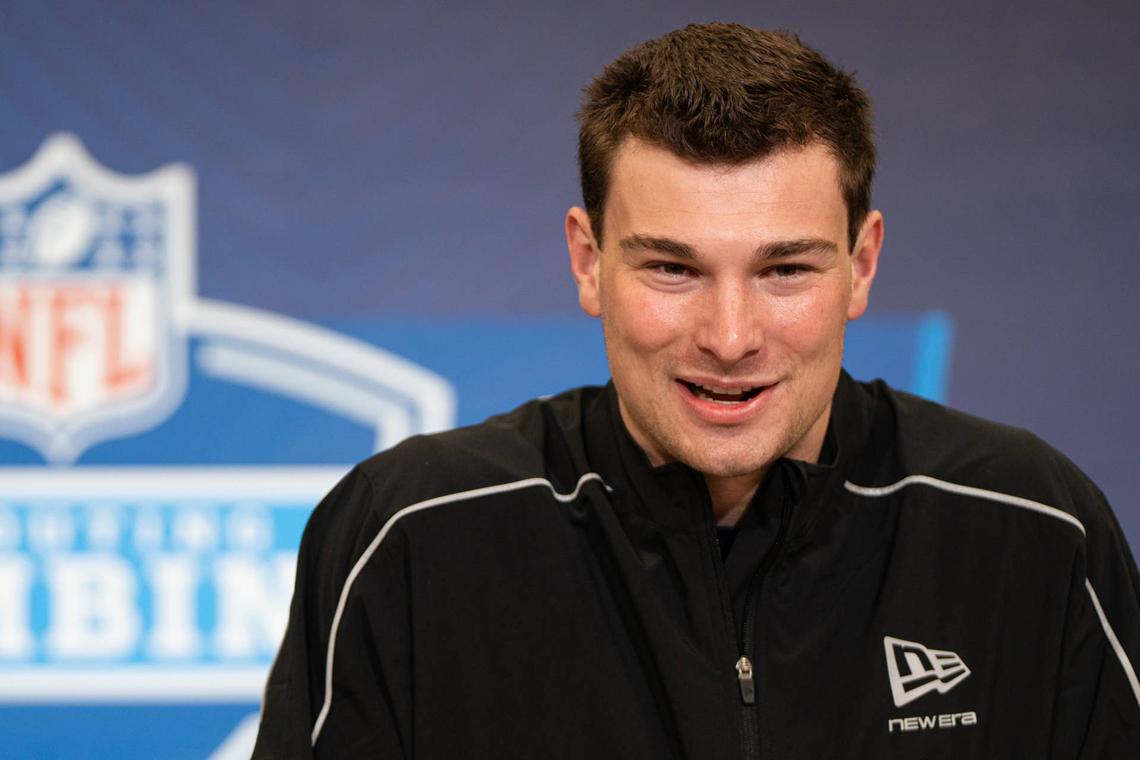  Feb 27, 2026; Indianapolis, IN, USA; Indiana quarterback Fernando Mendoza (QB11) speaks to members of the media during the NFL Combine at the Indiana Convention Center. Mandatory Credit: Jacob Musselman-Imagn Images 