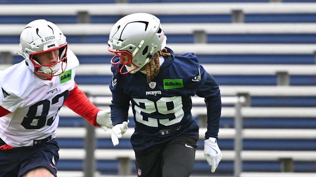  May 9, 2026; Foxborough, MA, USA; New England Patriots wide receiver Kyle Dixon (83) and cornerback Channing Canada (29) run drills during the New England Patriots rookie camp at Gillette Stadium. Mandatory Credit: Eric Canha-Imagn Images | Eric Canha-Imagn Images 