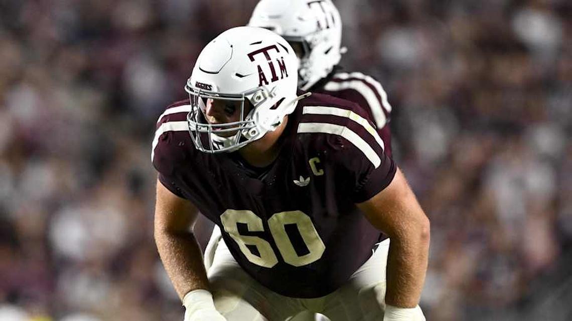  Oct 11, 2025; College Station, Texas, USA; Texas A&M Aggies offensive lineman Trey Zuhn III (60) lines up during the fourth quarter against the Florida Gators at Kyle Field. Mandatory Credit: Maria Lysaker-Imagn Images | Maria Lysaker-Imagn Images 