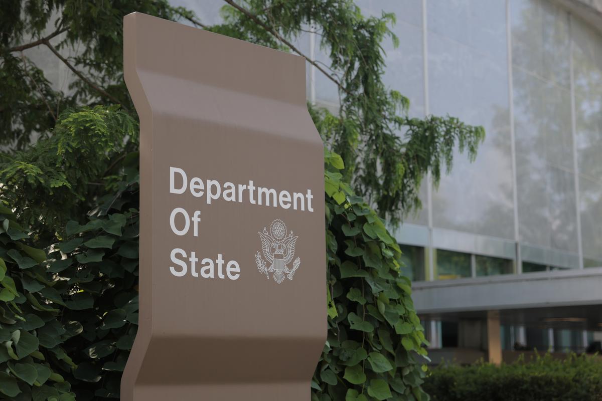  A sign for the U.S. Department of State is seen outside the Harry S. Truman Federal Building on July 11, 2025, in Washington, D.C. 