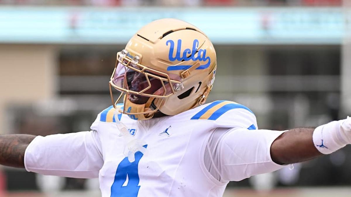  Oct 25, 2025; Bloomington, Indiana, USA; UCLA Bruins defensive back Key Lawrence (4) celebrates after a play during the first half against the Indiana Hoosiers at Memorial Stadium. Mandatory Credit: Robert Goddin-Imagn Images | Robert Goddin-Imagn Images 