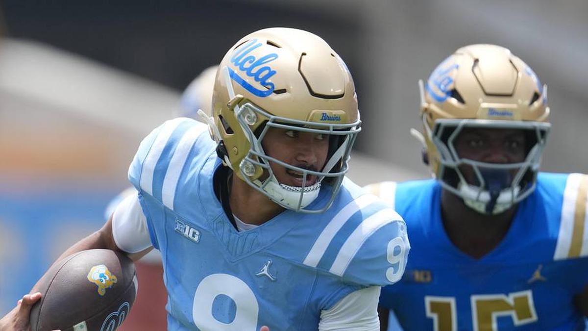  May 2, 2026; Pasadena, CA, USA; UCLA Bruins quarterback Nico Iamaleava (9) carries the ball during the spring game at Rose Bowl. Mandatory Credit: Kirby Lee-Imagn Images | Kirby Lee-Imagn Images 