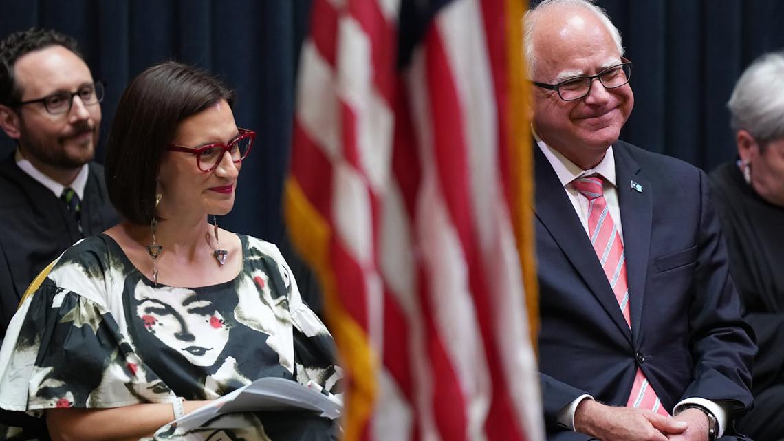 Over the past year and a half, Minnesota Lt. Gov. Peggy Flanagan and Minnesota Gov. Tim Walz, seen here in July 2024, have rarely appeared together in public. It's a striking shift from their first six years in office, when Walz and Flanagan billed themselves as governing partners and regularly shared the stage. (Glen Stubbe/The Minnesota Star Tribune/TNS)