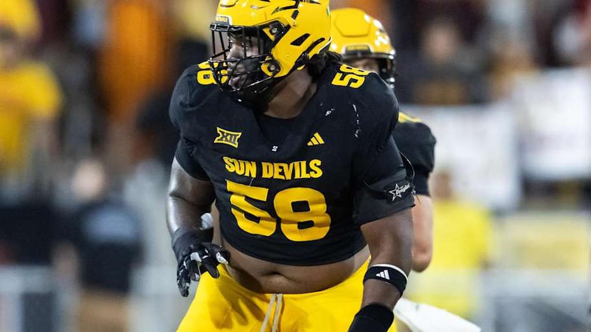  Oct 25, 2025; Tempe, Arizona, USA; Arizona State Sun Devils offensive lineman Max Iheanachor (58) against the Houston Cougars at Mountain America Stadium. Mandatory Credit: Mark J. Rebilas-Imagn Images | Mark J. Rebilas-Imagn Images 