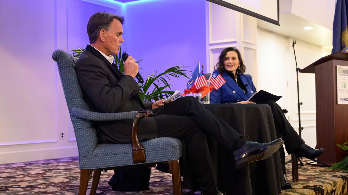 Macomb County Executive Mark Hackel, left, and Michigan Gov. Gretchen Whitmer participate in a Q&A during an annual luncheon with the membership of the Macomb County Chamber Of Commerce at the Assumption Cultural Center, in St. Clair Shores, Mich., on Monday, May 11, 2026. (David Guralnick/The Detroit News/TNS)