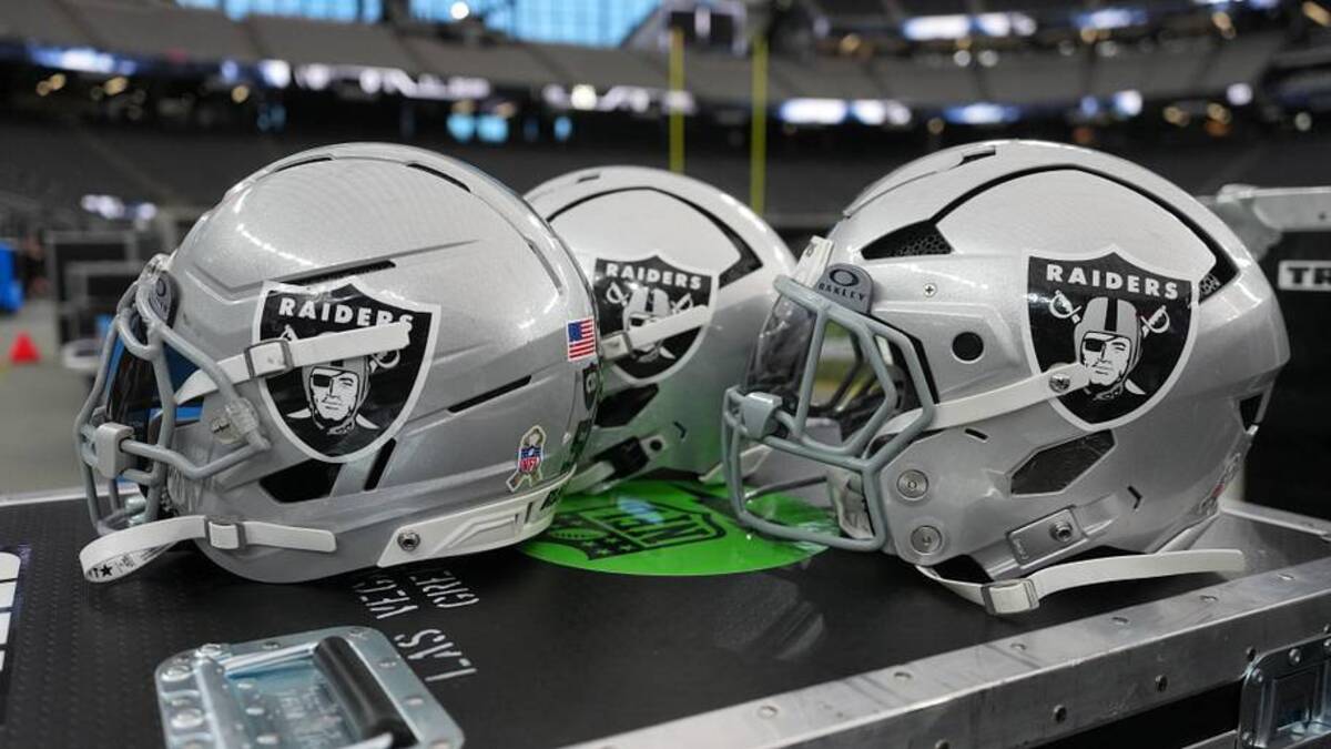  Nov 23, 2025; Paradise, Nevada, USA; Las Vegas Raiders helmets on the sidelines at Allegiant Stadium. Mandatory Credit: Kirby Lee-Imagn Images | Kirby Lee-Imagn Images 