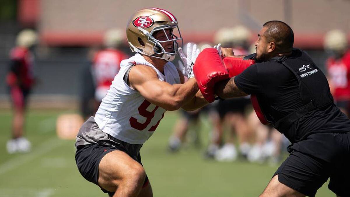  Jun 11, 2025; Santa Clara, CA, USA; San Francisco 49ers defensive end Nick Bosa (97) participates in a pass rush drill during a team OTA at Levi's Stadium. Mandatory Credit: D. Ross Cameron-Imagn Images | IMAGN IMAGES via Reuters Connect 