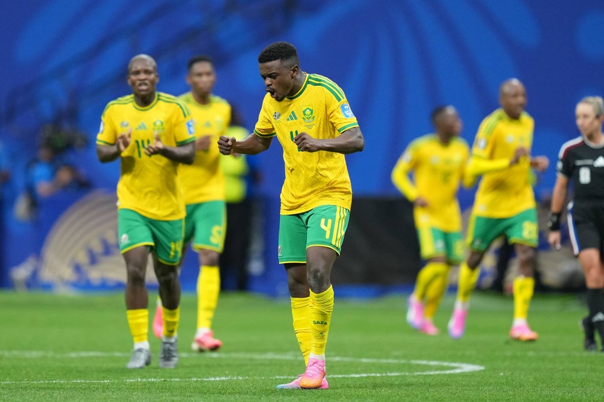  ATLANTA, UNITED STATES - JUNE 18: Teboho Mokoena (4) of South Africa celebrates after scoring a goal during the 2026 FIFA World Cup First Stage Group A match between Czechia and South Africa at Mercedes-Benz Stadium (Atlanta Stadium) in Atlanta, Georgia, United States on June 18, 2026. (Photo by Evrim Aydin/Anadolu via Getty Images) Photo by Evrim Aydin/Anadolu via Getty Images