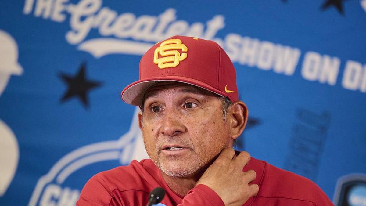  May 31, 2025; Corvallis, OR, USA; USC head coach Andy Stankiewicz takes questions after a game against Saint Mary's at the NCAA Corvallis Regional at Goss Stadium. | Troy Wayrynen-Imagn Images 