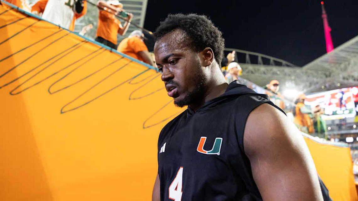  Jan 19, 2026; Miami Gardens, FL, USA; Miami Hurricanes defensive lineman Rueben Bain Jr. (4) against the Indiana Hoosiers during the College Football Playoff National Championship game at Hard Rock Stadium. Mandatory Credit: Mark J. Rebilas-Imagn Images | Mark J. Rebilas-Imagn Images 