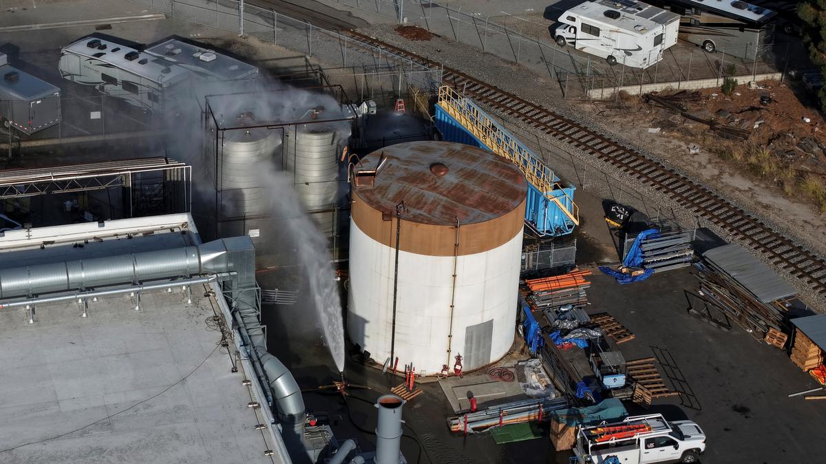 A drone picture shows water being sprayed on a tank as a chemical incident involving a failing tank of flammable liquid called methyl methacrylate, used in the aerospace industry, has forced an evacuation in the surrounding area in Garden Grove, California, U.S. May, 22, 2026. REUTERS/ Caroline Brehman
