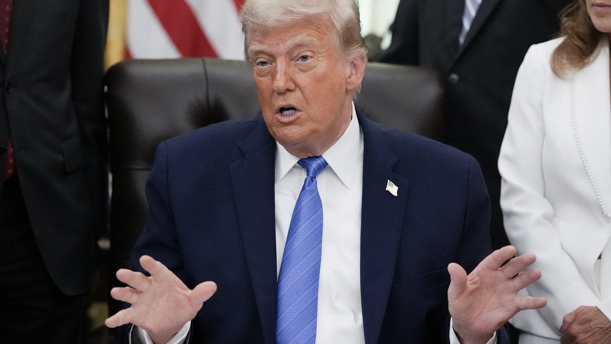 US President Donald Trump speaks during a signing ceremony for the "Secure America Act" in the Oval Office of the White House in Washington, D.C., on June 10, 2026. The bill provides around $38 billion for Immigration and Customs Enforcement (ICE), $26 billion for Border Patrol and another $5 billion for unforeseen costs, effectively ensuring a steady flow of money for Trump's deportation agenda through fiscal 2029. (Ken Cedeno/AFP via Getty Images/TNS)