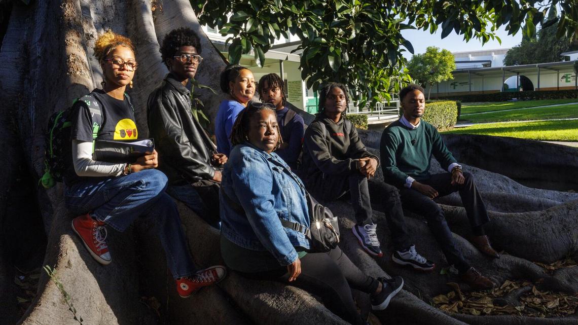 Dorsey High schools students and faculty who are a part of the Black Students Achievement Plan program or BASP on Sept. 26, 2024, in Los Angeles, California. Back row, from the left, student Braxton Jordan, student Maki Draper, teacher Ebony Batiste, student Caleel Smith; front row, left to right, Georgia Flowers Lee, co-chair of the BSAP Steering Committee, student Kei'Shawn Henderson and teacher Bryant Odega. (Gina Ferazzi/Los Angeles Times/TNS)