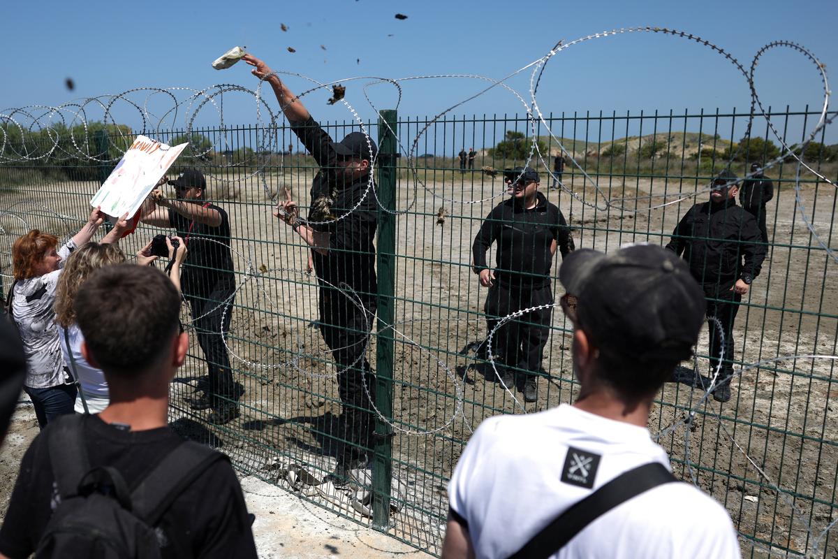 People protest at the Vjosa-Narte protected area where a luxury resort is planned by a company linked with Donald Trump's son-in-law Jared Kushner, near Vlora, Albania, May 30, 2026. REUTERS/Florion Goga