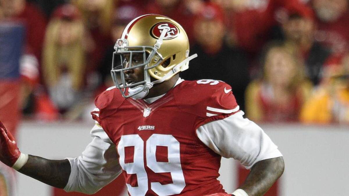  December 20, 2014; Santa Clara, CA, USA; San Francisco 49ers outside linebacker Aldon Smith (99) during the fourth quarter against the San Diego Chargers at Levi's Stadium. The Chargers defeated the 49ers 38-35. Mandatory Credit: Kyle Terada-Imagn Images | Kyle Terada-Imagn Images 