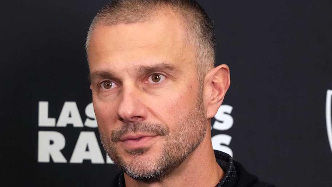  Feb 25, 2025; Indianapolis, IN, USA; Las Vegas Raiders general manager John Spytek on radio row during the NFL Scouting Combine at the Indiana Convention Center. Mandatory Credit: Kirby Lee-Imagn Images | Kirby Lee-Imagn Images 