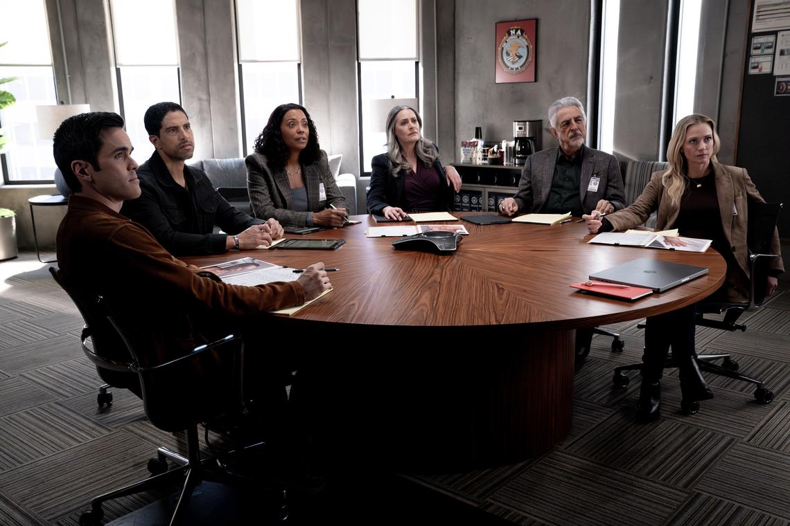 RJ Hatanaka as Tyler Green, Adam Rodriguez as Luke Alvez, Aisha Tyler as Dr. Tara Lewis, Paget Brewster as Emily Prentiss, Joe Mantegna as David Rossi and A.J. Cook as Jennifer ‘JJ’ Jareau in Criminal Minds: Evolution, 2025Michael Yarish/Paramount+