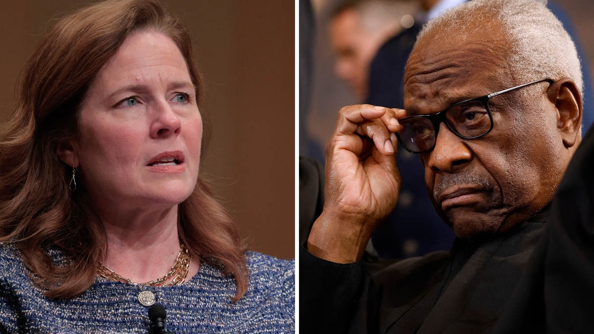 Amy Coney Barrett and Clarence Thomas. Left:  U.S. Supreme Court Associate Justice Amy Coney Barrett participates in the Supreme Court Fellows Program Annual Lecture in the Coolidge Auditorium at the Library of Congress on March 12, 2026 in Washington, DC. Right: US Supreme Court Associate Justices Samuel Alito (L) and Clarence Thomas wait for their opportunity to leave the stage at the conclusion of the inauguration ceremonies in the Rotunda of the US Capitol on January 20, 2025 in Washington, DC.