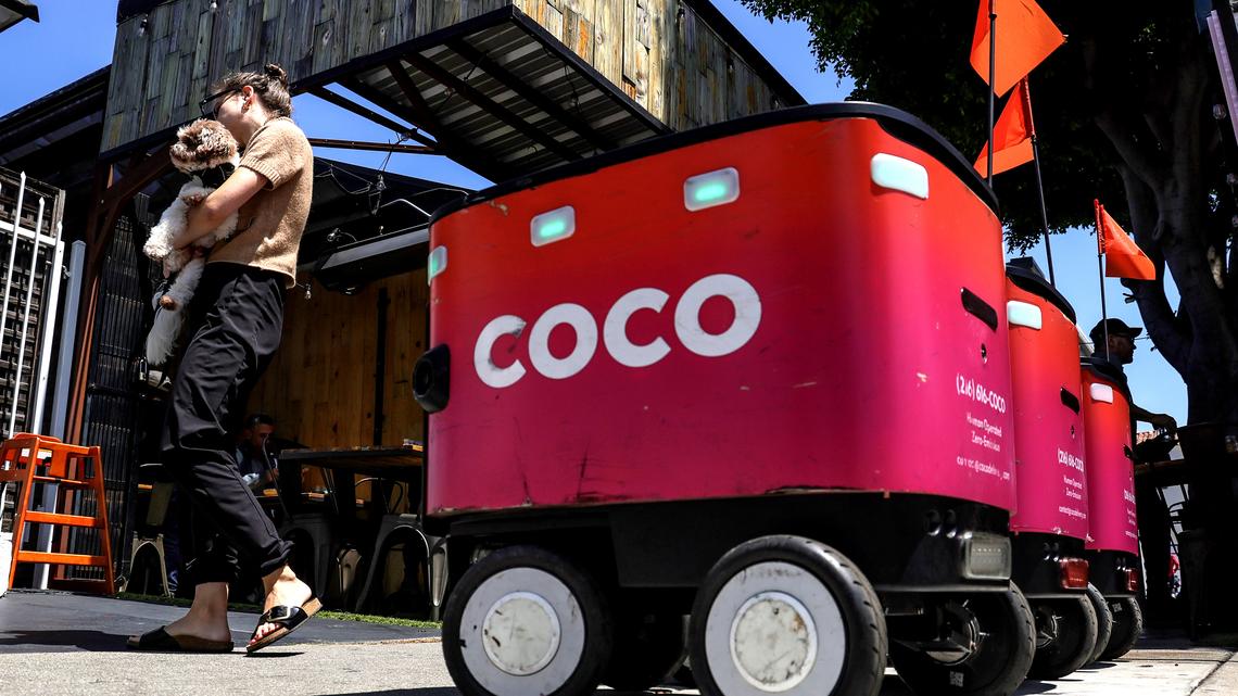 Coco food delivery robots queued up and ready to roll at Kreation Kafe, Wednesday, July 23, 2025, in Santa Monica, Calif. (Robert Gauthier/Los Angeles Times/TNS)