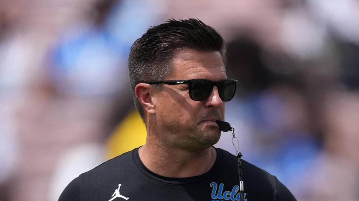  May 2, 2026; Pasadena, CA, USA; UCLA Bruins coach Bob Chesney reacts during the spring game at Rose Bowl. Mandatory Credit: Kirby Lee-Imagn Images | Kirby Lee-Imagn Images 